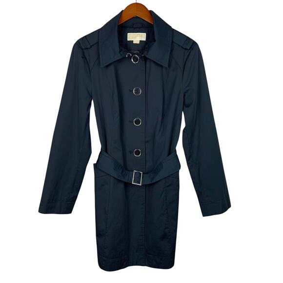 Michael Michael Kors Mid Length Trench Coat Black Belt Button Front Women's L - Picture 1 of 12